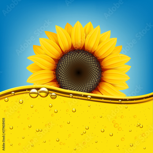 Sunflower oil, sunflower on blue sky, oil bubbles.