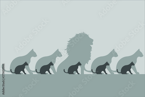 Think Differently vector concept: Cat with lion shadow different from the other cats