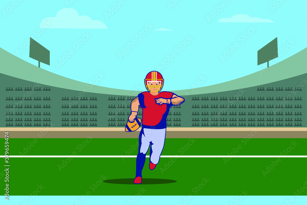 American football vector concept: American football player running in the stadium while carrying the ball