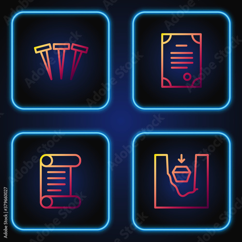 Set line Coffin in grave, Decree, parchment, scroll, Metallic nails and Death certificate. Gradient color icons. Vector.