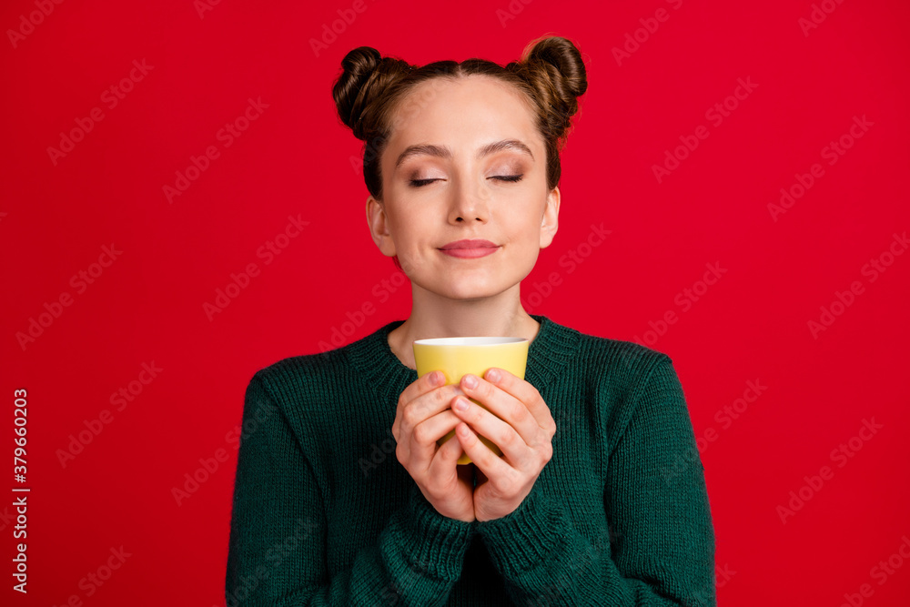 Close-up portrait of her she nice attractive pretty cute lovely charming dreamy cheery girl drinking latte green tea resting pause relax isolated on bright vivid shine vibrant red color background Close-up portrait of her she nice attractive pretty cute lovely charming dreamy cheery girl drinking latte green tea resting pause relax isolated on bright vivid shine vibrant red color background