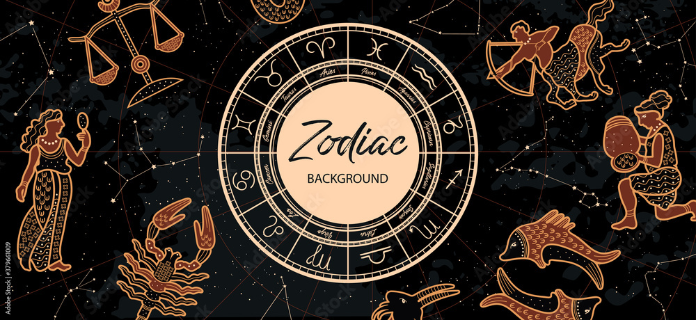 Zodiac background. Astrological horoscope. Vintage map of constellations.
