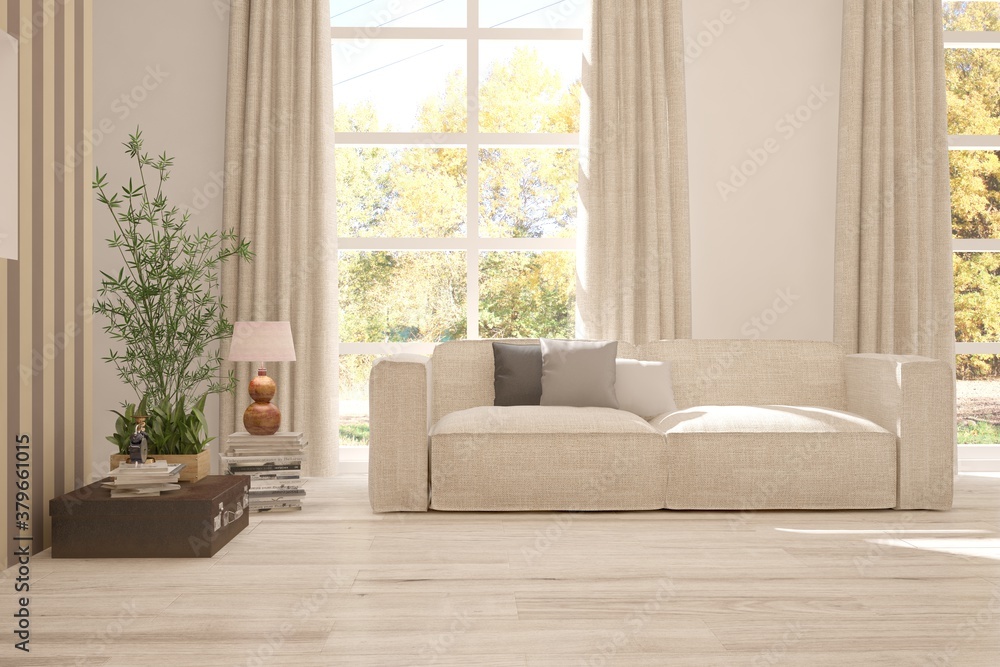Stylish room in white color with sofa and autumn landscape in window. Scandinavian interior design. 3D illustration Stylish room in white color with sofa and autumn landscape in window. Scandinavian interior design. 3D illustration