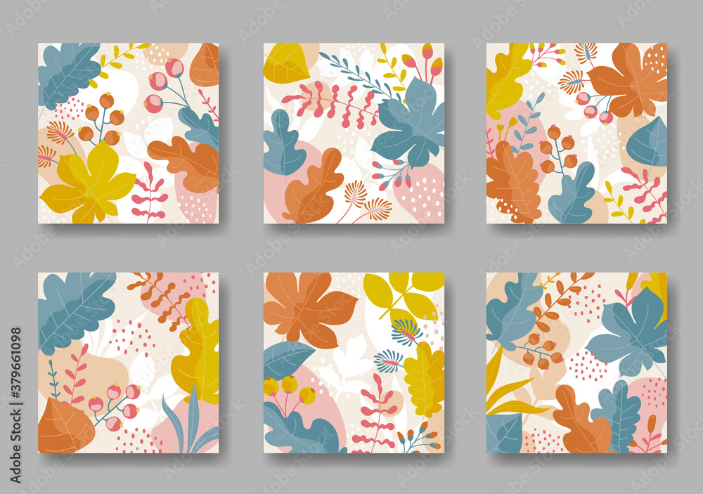 Set of square backgrounds with leaves ornament	