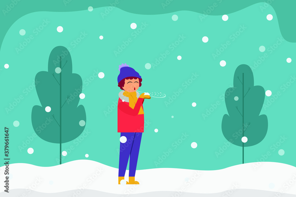 Winter vector concept: Young woman blowing snow while standing in the snowy park at winter time Winter vector concept: Young woman blowing snow while standing in the snowy park at winter time