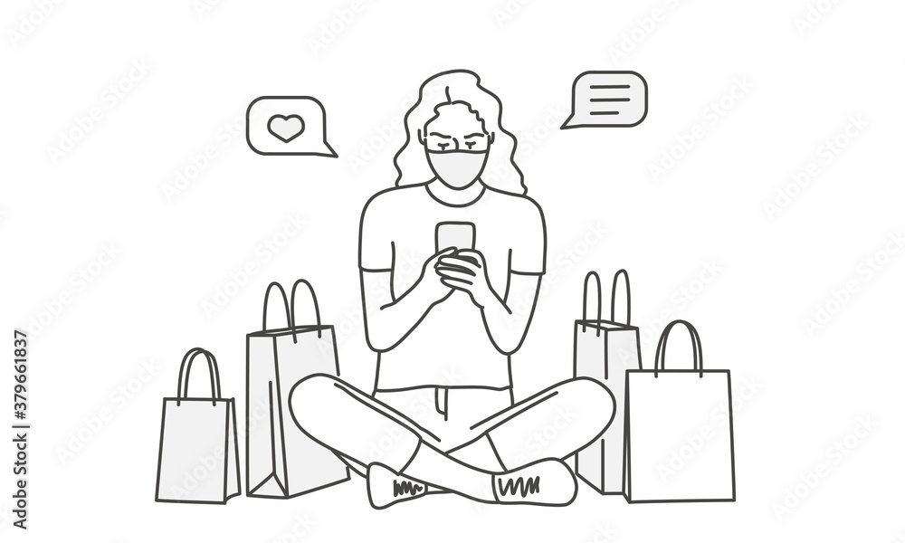 Young woman sitting in lotus position with paper bags. Lady in protection mask is using phone. Vector line.