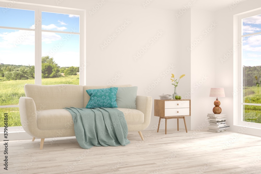 Fototapeta premium White living room with sofa and summer landscape in window. Scandinavian interior design. 3D illustration