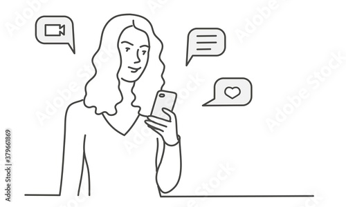 Young woman sends a message, likes. Vector line.