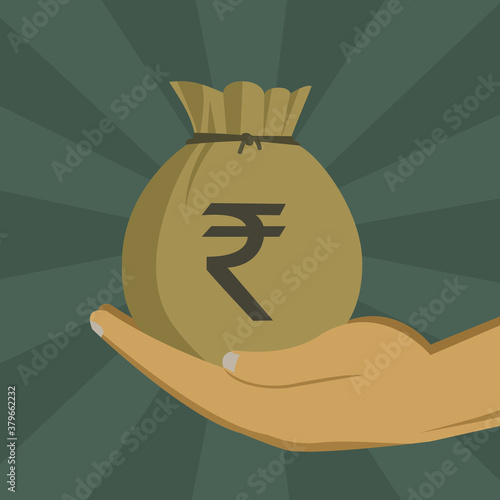 Hand holding a money bag with Indian Rupee