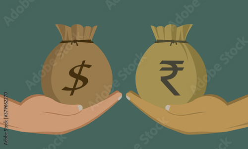Hands holding money bags with Indian Rupee and Dollar. Concept for money exchange