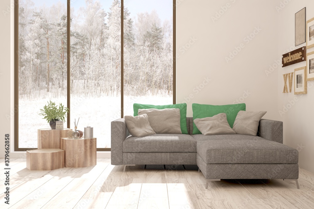 Fototapeta premium White living room with sofa. Scandinavian interior design. 3D illustration