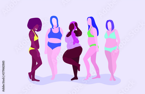 Love your body - body positive. Group of women with different body and ethnicity posing together to show the woman power and strength. Curvy and skinny kind of female body concept.