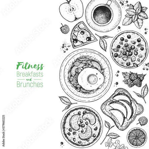 Breakfast top view illustration. Morning food menu design. Breakfast dishes collection. Vintage hand drawn sketch, vector illustration. Engraved style