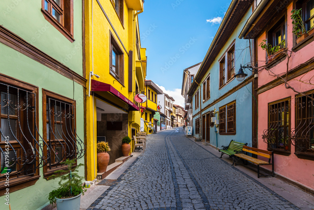 Colorful Odunpazari District houses view in Eskisehir City. Eskisehir is populer tourist deatination in Turkey.