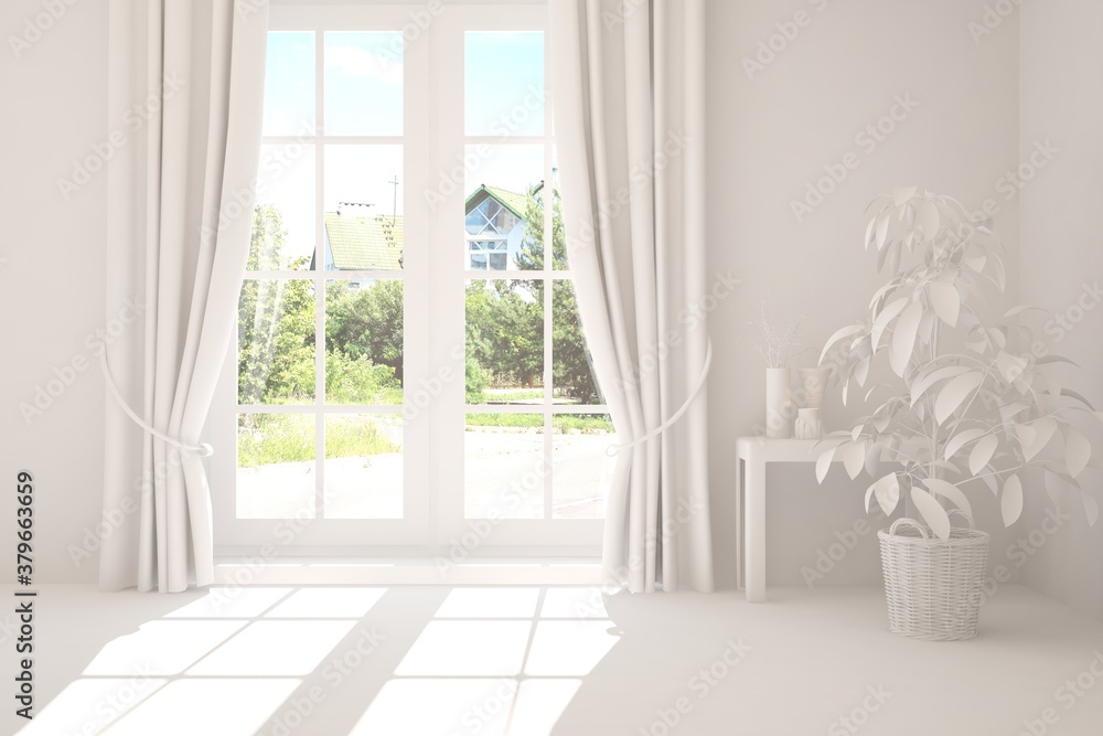 White empty room with summer landscape in window. Scandinavian interior design. 3D illustration White empty room with summer landscape in window. Scandinavian interior design. 3D illustration