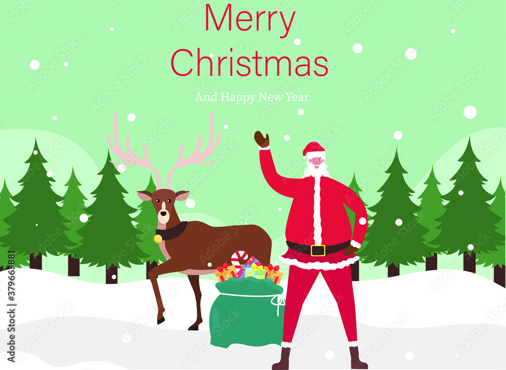 Christmas vector concept: Santa claus standing with reindeer and sack of presents with text of merry christmas and happy new year Christmas vector concept: Santa claus standing with reindeer and sack of presents with text of merry christmas and happy new year