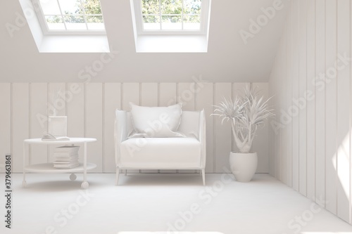 Mock up of stylish room in white color with armchair. Scandinavian interior design. 3D illustration