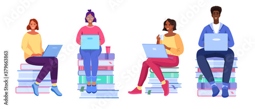 Vector online education set with young people, books, diverse students, laptops. Smiling women and man learning in internet. Virtual studying collection with diverse students in cartoon flat style