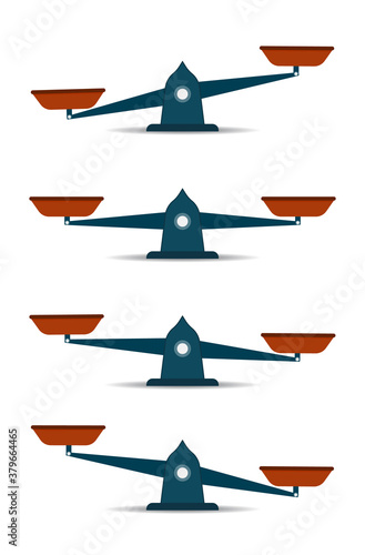 Scale balance with seesaw. Icons of weight. Equal or totter libra. Weigh of justice. Set of measure logos. Imbalance and equilibrium. Truth in law. Legal comparison. Analysis of judge. Vector