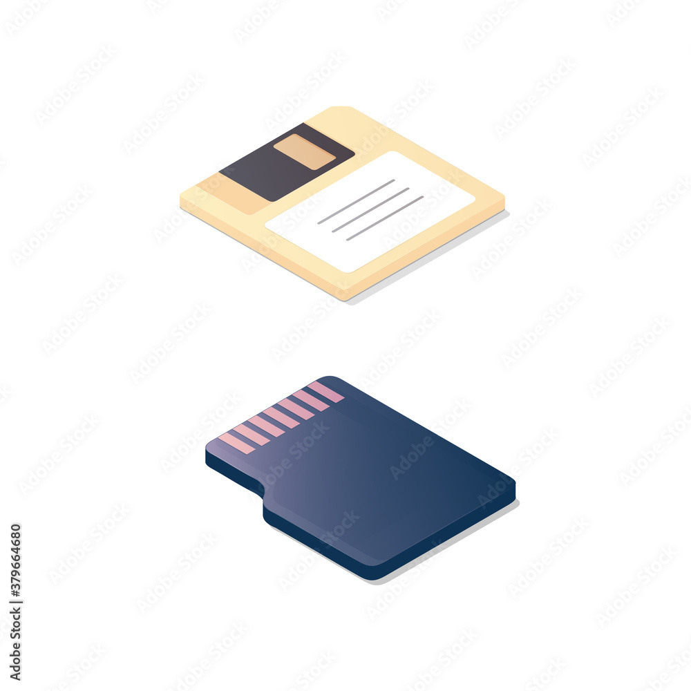A floppy disk and memory card. Isometric diskette vector illustration. isolated on white background A floppy disk and memory card. Isometric diskette vector illustration. isolated on white background