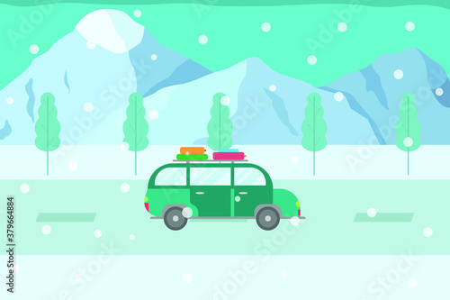 Winter road trip vector concept  Side view of car with roof luggage moving on the snowy road