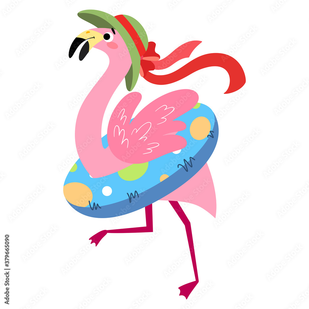Fototapeta premium Cartoon pink flamingo isolated on white background. Tropical bird Summer vector illustration with a funny character for children's books, print, fabric, poster, postcard.