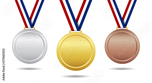 Gold, bronze and silver medal. Award with ribbon. Trophy for winner and champion. Emblem for championship. Icon on competition and ranking. 1, 2, 3 places in sport. Reward isolated. Vector