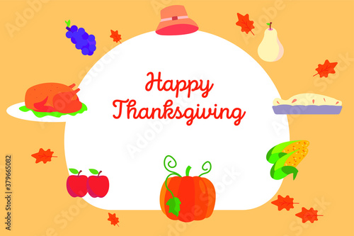 Thanksgiving vector concept  Happy Thanksgiving text with pumpkin  turkey  pie  and fruits