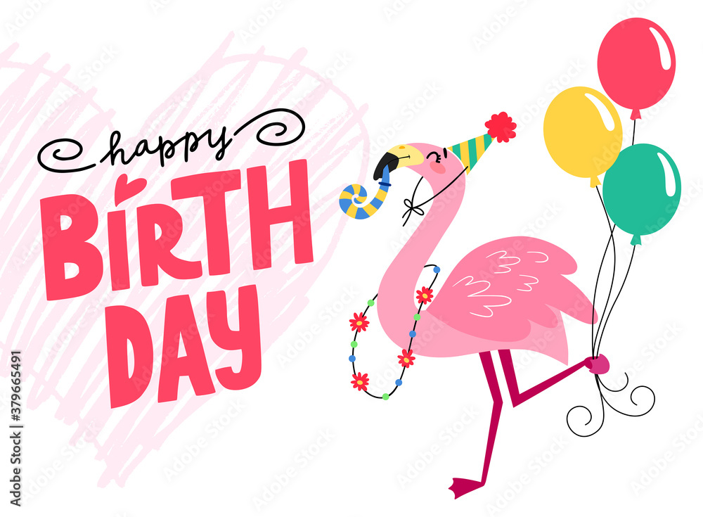 Pink funny flamingo isolated on white background. Happy birthday ...