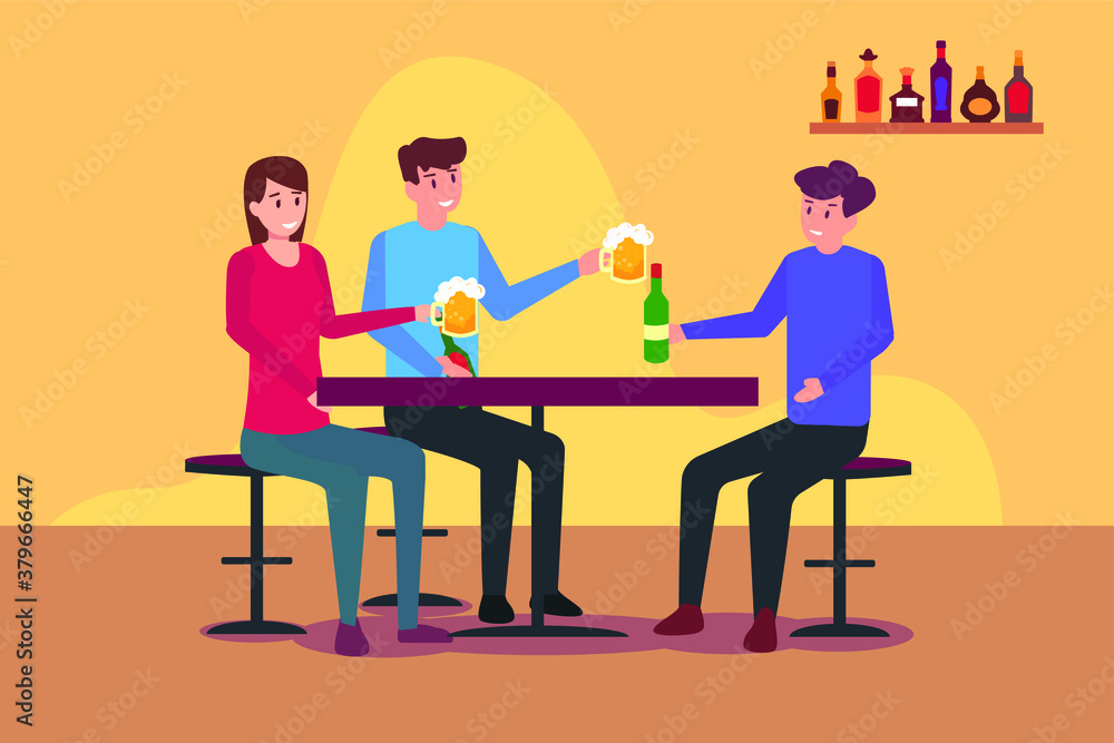 Night lifestyle vector concept: Group of friends drinking beer while sitting on the chair in the pub