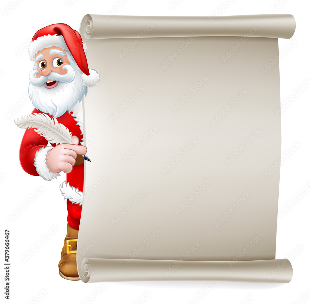 Santa Claus cartoon character peeking around a scroll sign holding a quill pen. Christmas gift
