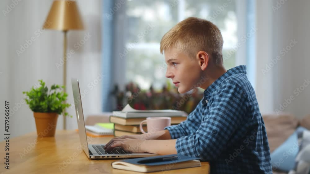 Portrait of teenage caucasian boy using laptop while studying at home, Portrait of teenage caucasian boy using laptop while studying at home,
