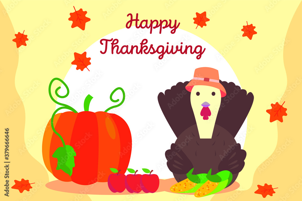 Naklejka premium Thanksgiving vector concept: Happy thanksgiving typography text with pumpkin, turkey, corn, and apple fruit