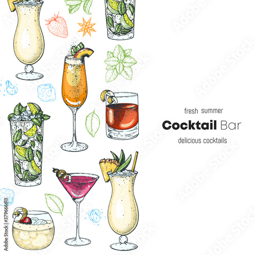 Alcoholic cocktails hand drawn vector illustration. Cocktails set. Menu design elements. Tom collins, mai tai, manhattan, negroni, moscow mule, margarita.