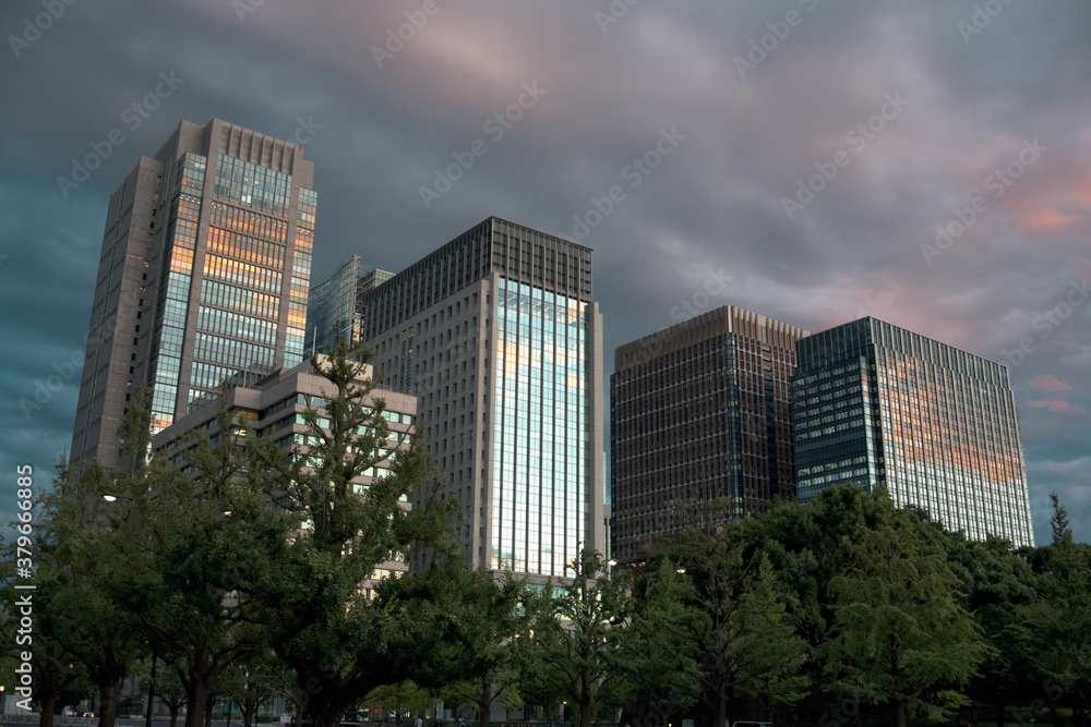 Sunset at Tokyo business district - Marunouchi viewed from the Imperial Palace Park
