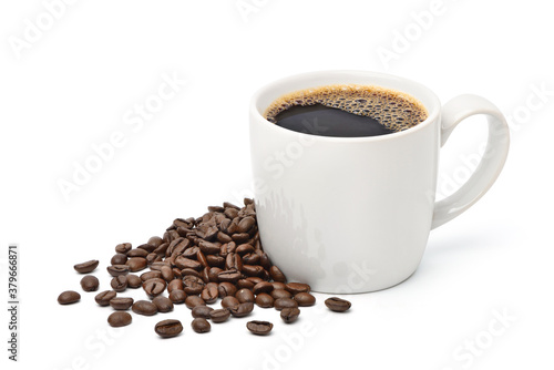 Canvas Print White mug of black coffee with roasted coffee beans  isolated on white background