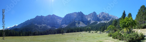 Panoramic view of the meadow and the mountains of Prat del Cadí, Cadí-Moixeró Natural Park, La Cerdanya, Catalonia.