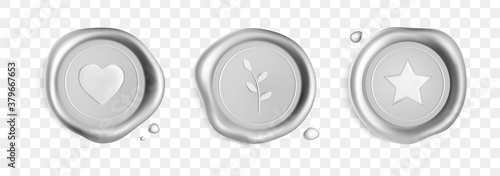 Silver wax seal stamp set with branch, heart and star isolated on white background. Realistic guaranteed stamps. Realistic 3d vector illustration