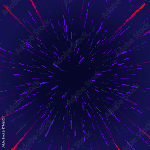 Pixel cosmic background. Pixel art hyper jump, speed of light, fireworks, falling star. Pixel art 8 bit. 