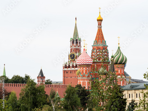 view of Saint Basil Cathedral and Spasskaya Tower of Moscow Kremlin from Zaryadye park in Moscow city in September