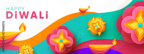 Diwali Hindu festival greeting design in paper cut style with oil lamps on colorful waves and beautiful flowers of lights. Holiday background for branding greeting card, banner, cover, flyer or poster
