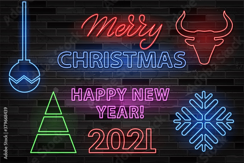 Merry Christmas and Happy New Year neon lettering. Neon letters effect. 2021 neon inscription. Christmas tree, snowflake, bull, Christmas ball.