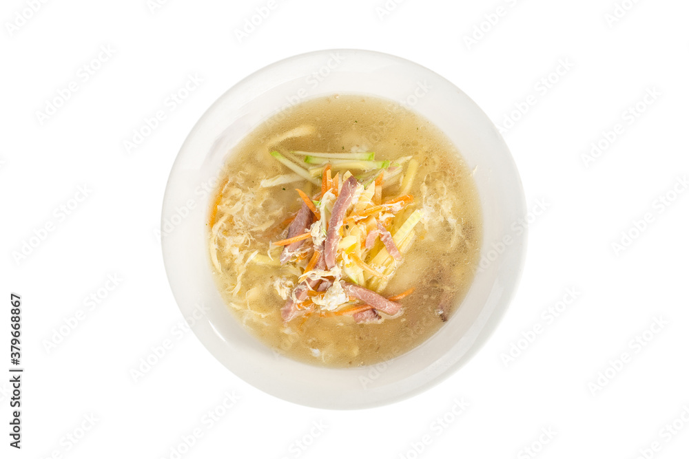 Vegetable soup with meat in white bowl isolated on white background Vegetable soup with meat in white bowl isolated on white background