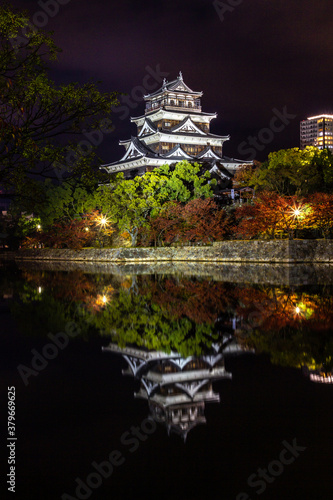 A castle in Hiroshima at night (Japan)
