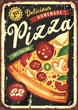 Delicious pizza slice on black board background. Vintage pizzeria or fast food restaurant tin sign.  Italian cuisine retro poster design.
