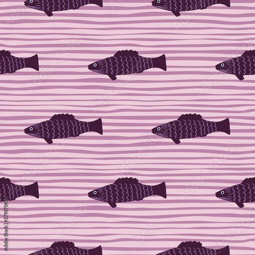 Purple creative fish silhouettes seamless pattern. Lilac stripped background. Underwater plankton wildlife.