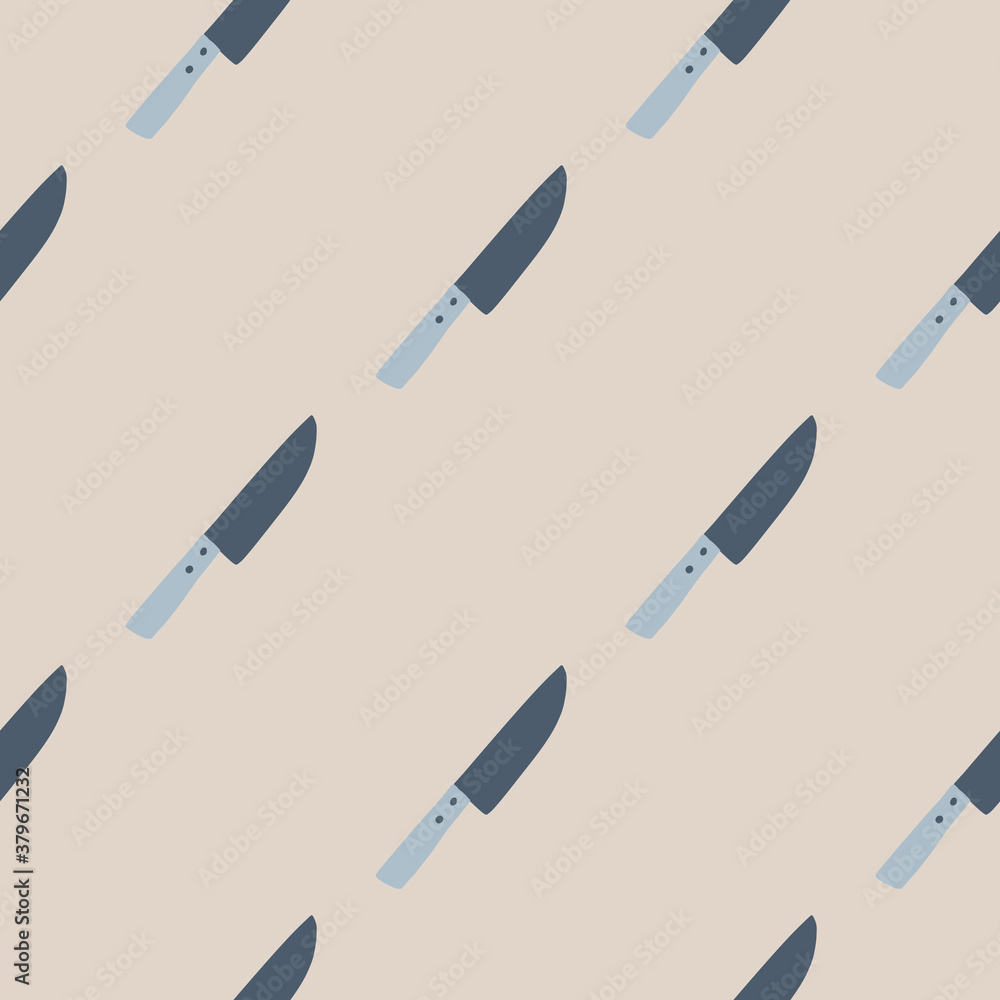Minimalistic seamless pattern with diagonal knife ornament. Light pastel tones cooking tools artwork. Beige background. Minimalistic seamless pattern with diagonal knife ornament. Light pastel tones cooking tools artwork. Beige background.