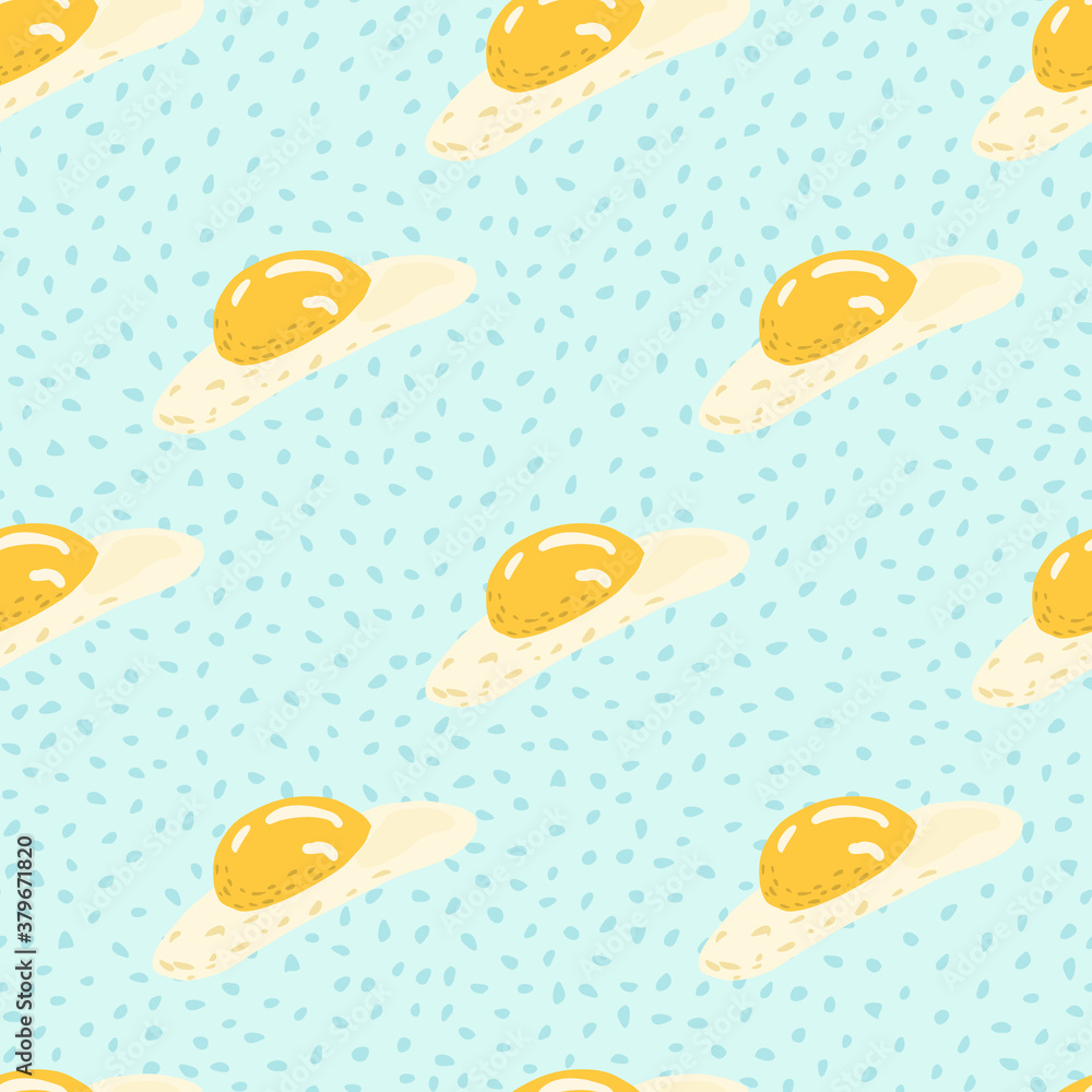 Morning food seamless pattern with simple omelette silhouettes. Light blue dotted background. Flat healthy bruch ornament.