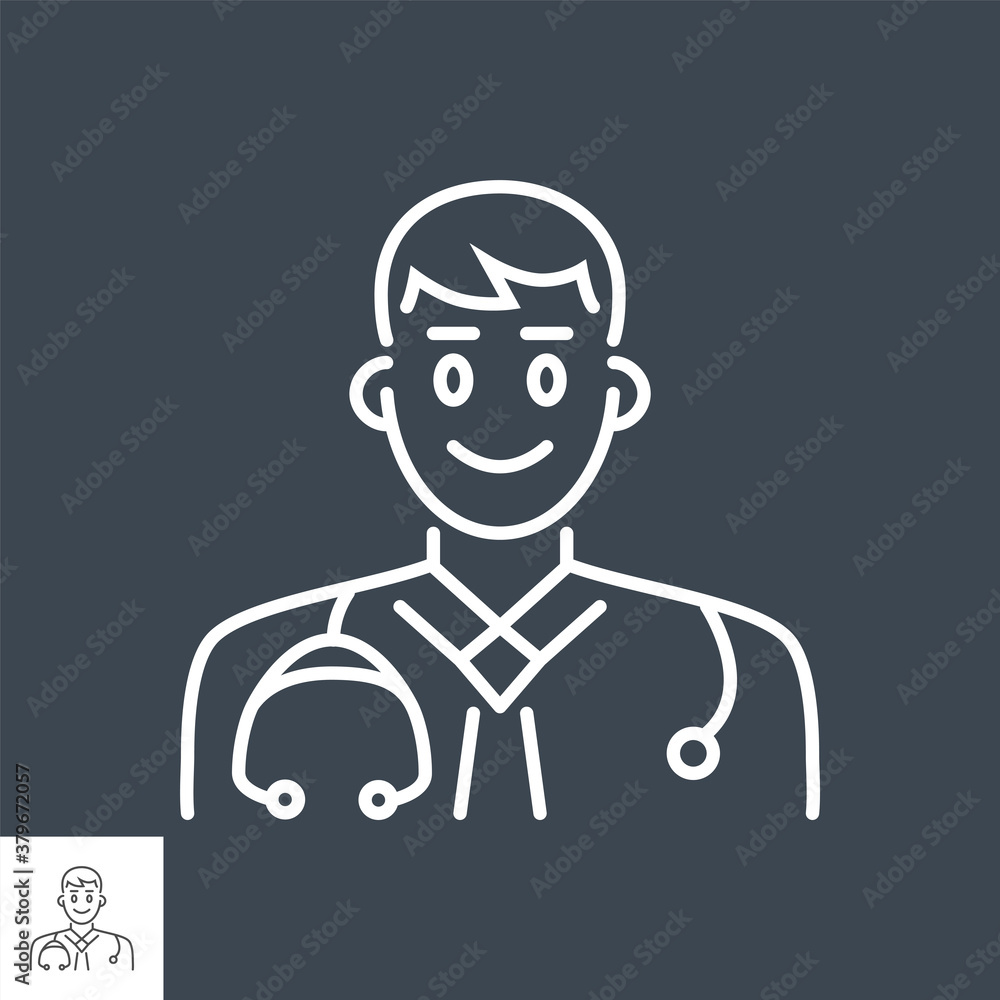 Doctor related vector thin line icon. A man with a stethoscope on his shoulders. Isolated on black background. Editable stroke. Vector illustration.