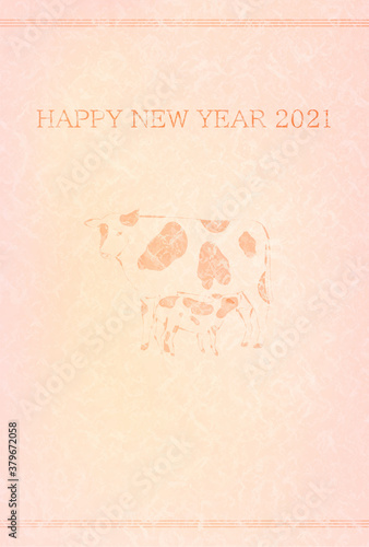 2021年賀状　牛の線画とピンクの和紙